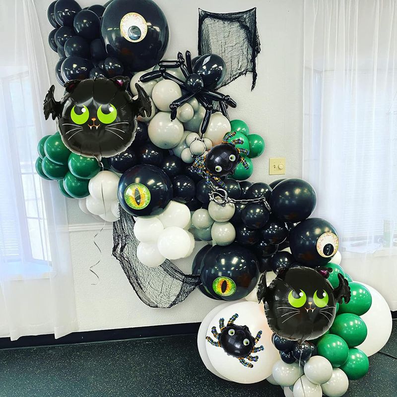 Photo 1 of 160Pcs Halloween Balloons Garland Kit with Grey Black Pea Green White Ballooons for Horrible Spide Bat Theme Birthday or Spooky Party Decorations
