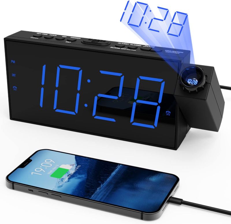 Photo 1 of Projection Alarm Clock for Bedroom,LED Digital Clock Projection on Ceiling Wall with USB Phone Charging,Battery Backup,180°Projector& Dimmer,12/24H,DST,Snooze,Dual Loud Bedside Clock for Heavy Sleeper
