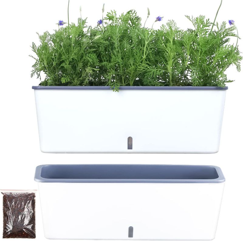 Photo 1 of 2 Pack Rectangular Planter 17 x 4.5 in Self Watering Planter Window Sill Planters Indoor Rectangle Planter Self Watering Pots Plastic Plant pots with Drainage Holes White Flower Pot Indoor
