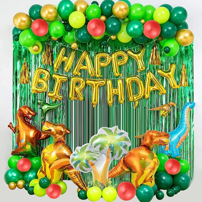 Photo 1 of Dinosaur Birthday Decoration Set - 113 Pcs Dinosaur Birthday Party Supplies with Dinosaurs Balloons, Happy Birthday Balloons, Curtains, Dinosaur Theme Party for Kids Girls Boys Baby Shower Celebration
