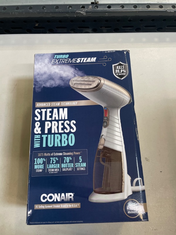 Photo 3 of Conair Turbo ExtremeSteam Hand Held Fabric Steamer, White/Champagne ( BOX HAS MINOR DAMAGE) 