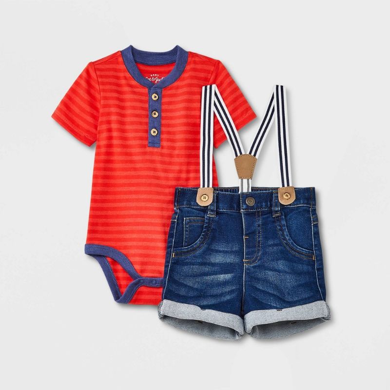 Photo 1 of Baby Boys' Denim Shorts Suspender Set - Cat & Jack Coral Red, 18M
