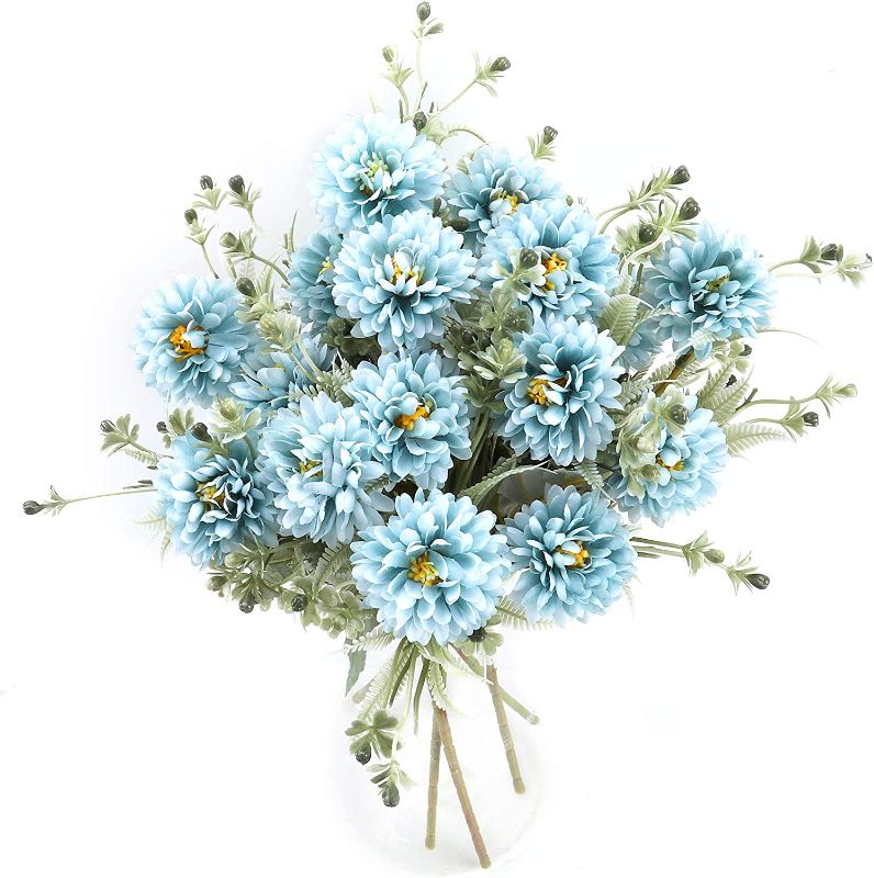 Photo 1 of  6 Bundles Silk Flowers Artificial for Decoration Fake Chrysanthemum Ball Bouquet Faux Hydrangea Arrangements for Home Wedding Table Centerpieces Indoor Decor in Bulk Wholesale (Blue)
