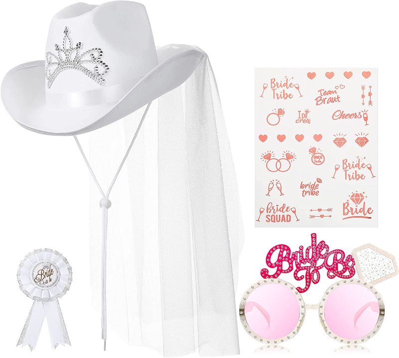 Photo 1 of 4 Pieces Western Bride's Cowgirl Set Include Glasses, Badge, Assorted, Bride's Cowgirl Hat with Veil for Bachelorette Party Supplies, Wedding Party Decoration
