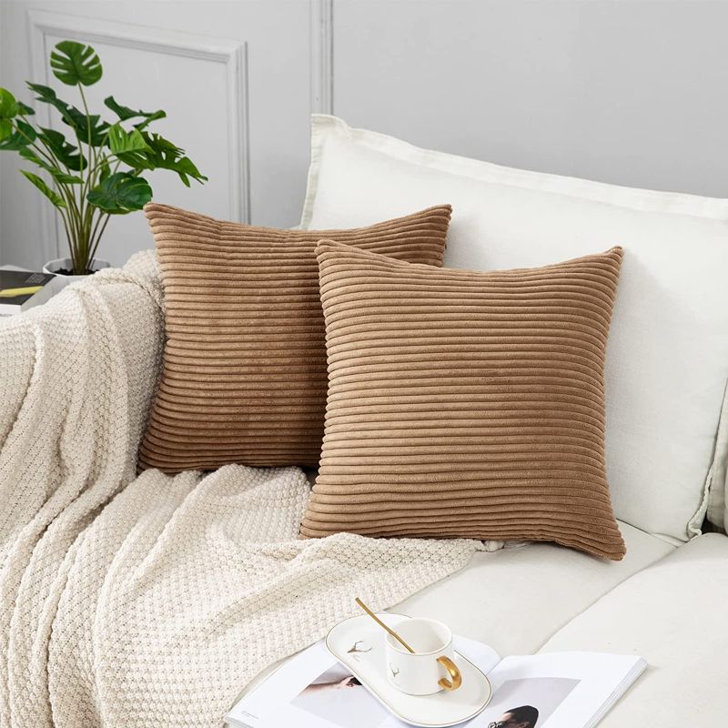 Photo 1 of  2 Pack Throw Pillow Covers Tan Throw Pillows Corduroy Striped Square Pillow Cover Cozy Soft Decorative Pillow Covers Cushion Covers Home Decor for Sofa Couch Bed Chair Pillow Covers 20x20
