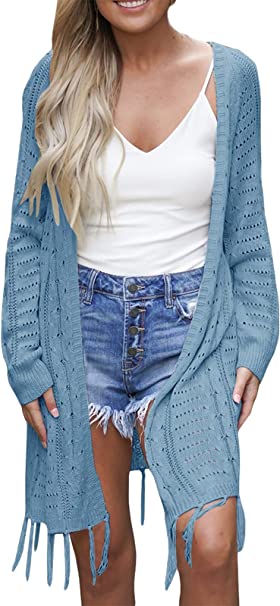 Photo 1 of Cardigan for Women Lightweight Knit Open Front Hollow Out Crochet Tassel Kimonos Long Sleeve Fall Loose Sweater Coat Outwear
