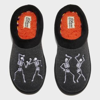 Photo 1 of Adult's dluxe by dearfoams Halloween Skeleton Slippers - Black SIZES MENS 7-8 & WOMENS 9-10

