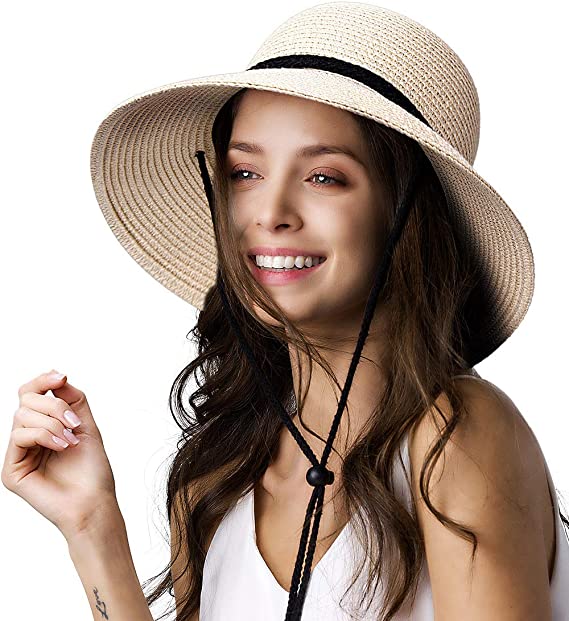 Photo 1 of  Womens Wide Brim Sun Hat with Wind Lanyard UPF Summer Straw Sun Hats for Women SIZE L 
