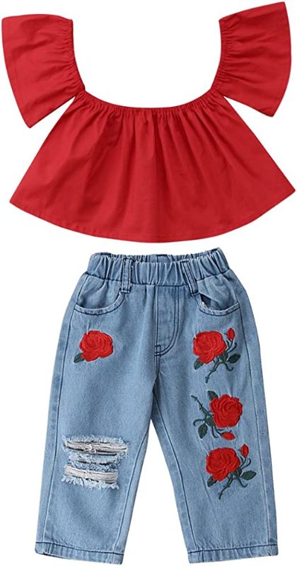 Photo 1 of Baby Girls Ripped Jeans Outfit Long Sleeve Floral Ruffle T Shirt Tops Denim Pants Set Fall Clothing Set. 3/4 YEARS 

