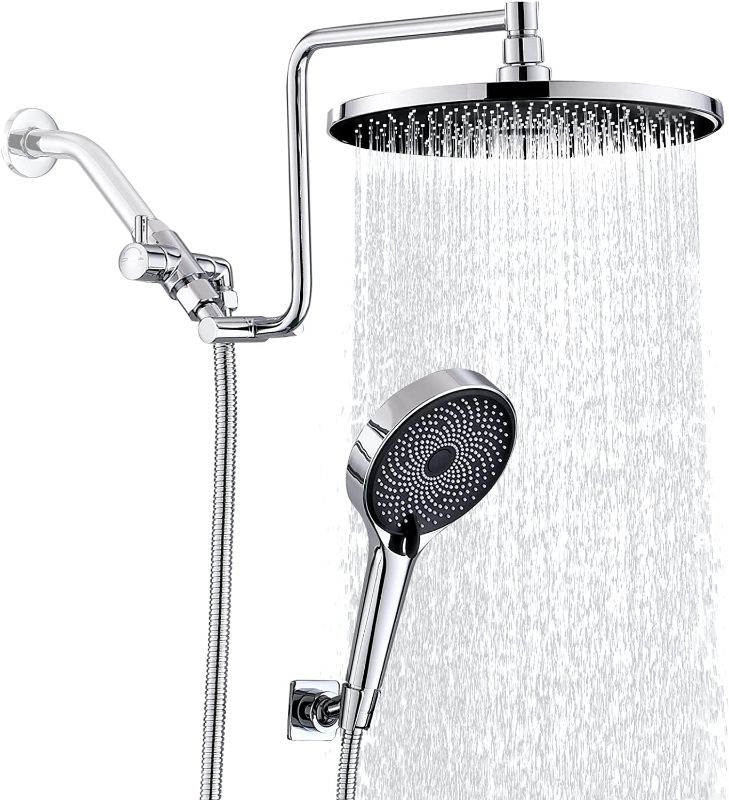 Photo 1 of 10" High Pressure Rainfall Shower Head with Handheld Combo, Upgrade 12" Extension Arm Height Adjustable, 3-Way Powerful Shower Head with Hand Shower, Brass Shower Holder Extra Long Shower Hose, Chrome
