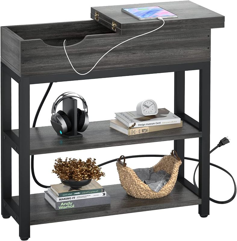 Photo 1 of Aheaplus End Table, Sofa Table Narrow Flip Top with USB Ports &Outlets for Small Spaces, Side Table with Storage Shelves, Nightstand with Metal Frame for Living Room, Black Oak
