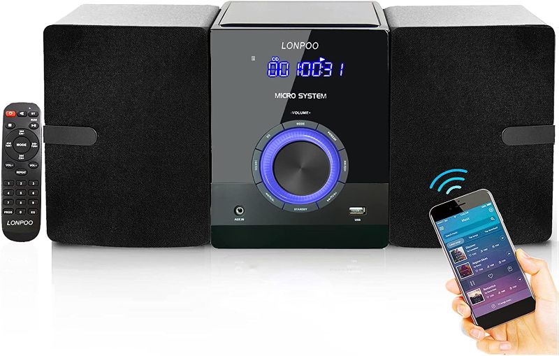 Photo 1 of Compact Stereo Shelf System Bluetooth - Mirco Stereo System with CD Player, Bluetooth, FM Radio, Headphone Jack, USB Input, AUX-Input, 30W Micro Music Sound HiFi System
