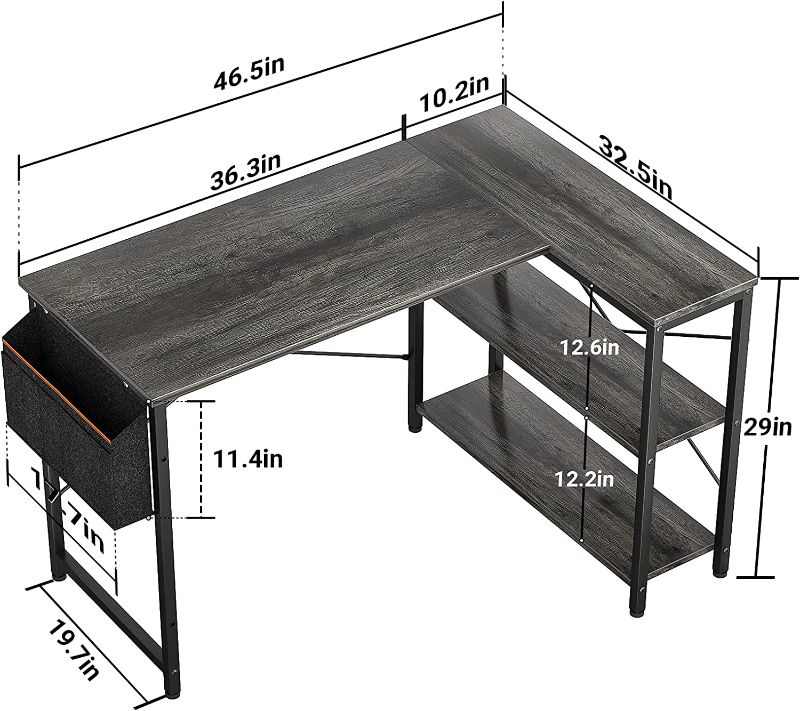 Photo 1 of Small L Shaped Computer Desk, Homieasy 47 Inch L-Shaped Corner Desk with Reversible Storage Shelves for Home Office Workstation, Modern Simple Style Writing Desk Table with Storage Bag(Black Oak)
