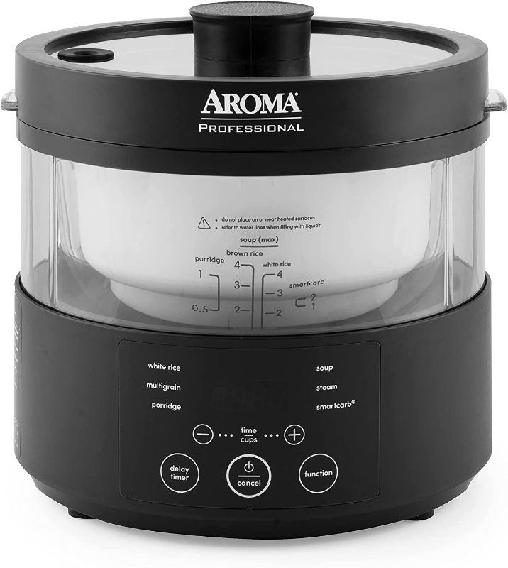 Photo 1 of Aroma Housewares Professional 8-Cup (Cooked) SmartCarb Multicooker and Flavor-Lock Food Steamer for Low-Carb Rice and Grains, Glass Inner Pot, Black (AMC-800), Transparent Glass, 4 Cup Uncooked Rice
