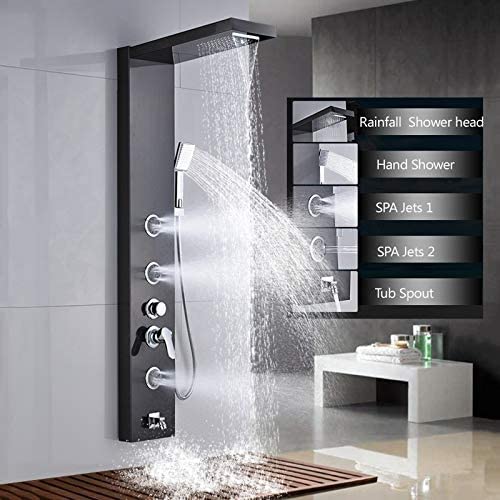 Photo 1 of AlenArt Shower Panel System, Massage Jets Handheld Sprayer, Rainfall Waterfall Shower Head Stainless Steel Wall Mount Massage Multi-Function Bathroom Shower Panel Tower System,Black…
