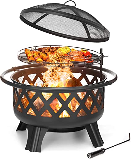 Photo 1 of 2 in 1 Fire Pit with Cooking Grate 30'' Wood Burning Firepit Outdoor Fire Pits Steel Firepit Bowl Outside with Swivel BBQ Grill, Spark Screen, Poker for Backyard Garden Bonfire Patio
