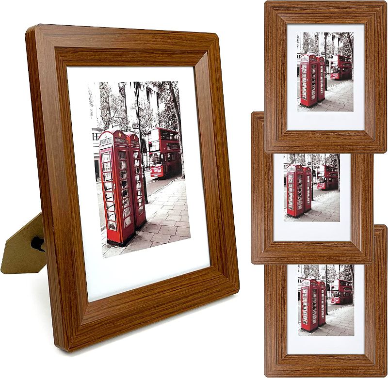 Photo 1 of 8x10 Picture Frames Set, Set of 4 Wood Picture Frames Real Tempered Glass and Composite Wooden Rustic Rounded Corners Photo Display for Tabletop Wall Mount with Hanging Hardware and Stand (Dark brown)
