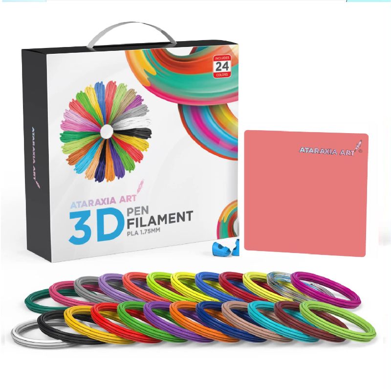 Photo 1 of ATARAXIA ART 3D Pen PLA Filament Refills 1.75mm, 24 Colors Each 16.5 feet Total 394 Feet + 4 Fluorescent & 4 Translucent, Kids Safe, Compatible with 3D Pen & 3D Printer Filament, 5M + Pink Design Pad
