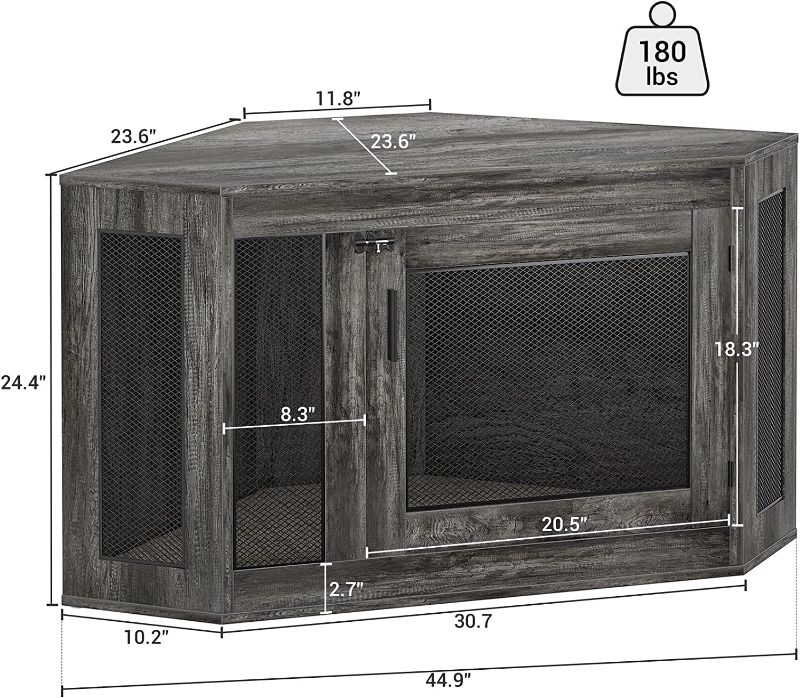 Photo 1 of Armocity Corner Dog Crate Furniture, Wooden Dog Crate End Table with Cushion, Indoor Use Dog Kennel with Removable Door, Dog House Dog Crates Cage Furniture for Small/Medium Dog
