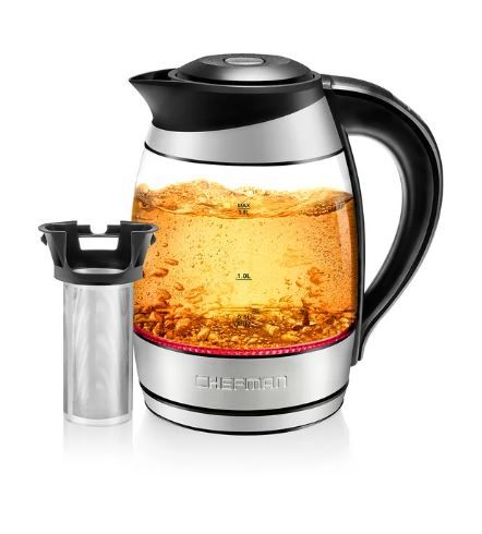 Photo 1 of Chefman Electric Glass Kettle W/ Tea Infuser, Stainless Steel, 1.8 Liters
 -- SIGNS OF PREVIOUS USE