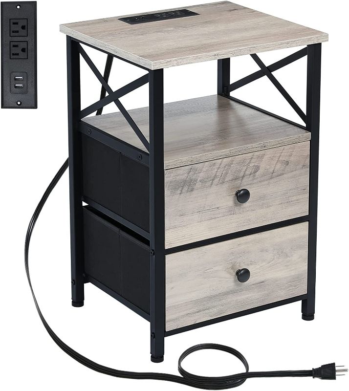 Photo 1 of AMHANCIBLE End Table Living Room with Charging Station, Nightstand with Drawer, Small Side Table with USB Ports and Outlets for Small Spaces Bedroom Ivory Grey and Black

