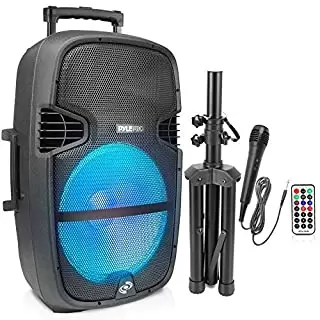 Photo 1 of Pyle PPHP1548B - 15'' Portable BT Speaker System - USB/Micro SD Card Reader/FM/Aux/Mic Inputs, With LED Light, Wheel, Handle, Tripod & Remote Control
