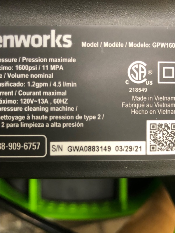 Photo 4 of Greenworks 1600 PSI 1.2 GPM Pressure Washer (Upright Hand-Carry) PWMA Certified
