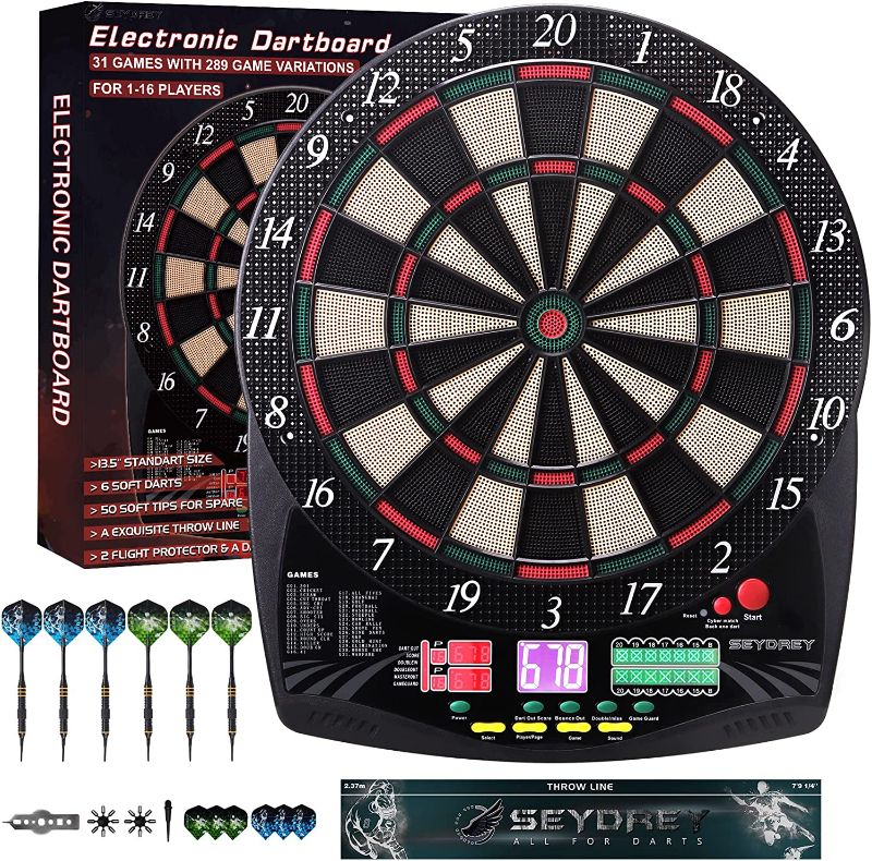 Photo 1 of Electronic Dart Board, Soft Tip Dartboard Set with 6 Darts 50 Soft Tips, LCD Display, Power Adapter, Throw Line
