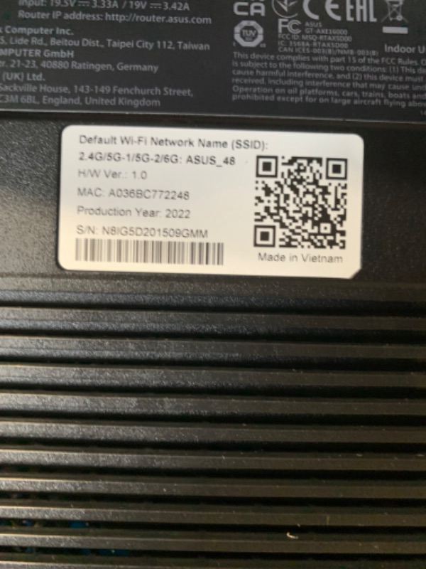 Photo 9 of ASUS ROG Rapture WiFi 6E Gaming Router (GT-AXE16000) - Quad-Band, 6 GHz Ready, Dual 10G Ports, 2.5G WAN Port, AiMesh Support, Triple-Level Game Acceleration, Lifetime Internet Security, Instant Guard, Box Packaging Damaged, Minor Use, Item Turns on.
