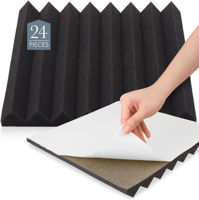 Photo 1 of 24 Pack Acoustic Foam Panels 1”x 12”x 12” Inches–Black Sound Proof Wall Panels are Easy to Install, Self-Adhesive, and Fire-Resistant High-Density Sound-Absorbing Panels for Studio and Home
