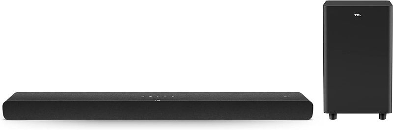 Photo 1 of TCL Alto 8 Plus 3.1.2 Channel Dolby Atmos Smart Sound Bar with Wireless Subwoofer, WiFi, Works w/ Alexa, Google Assistant & Apple Airplay 2, Bluetooth – TS8132, 39-inch, Black, box packaging damage, subwoofer and soundbar turns on, sticky soda stains
