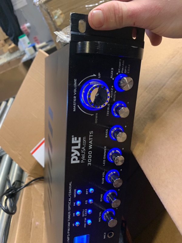 Photo 4 of Bluetooth Multi-Channel Hybrid Pre-Amplifier System - 3000W Home Audio Rack Mount Stereo Power Amplifier Receiver w/ Radio, USB, UHF, Dual Wireless Karaoke mic, Speaker Sound System - Pyle PWMA4004BT, Box Packaging Damaged, Moderate Use, Pieces are Broken