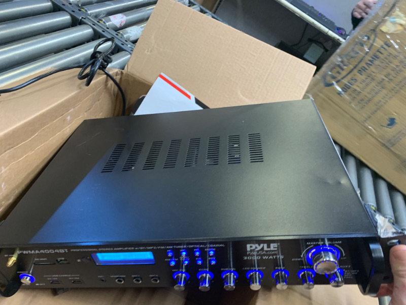 Photo 3 of Bluetooth Multi-Channel Hybrid Pre-Amplifier System - 3000W Home Audio Rack Mount Stereo Power Amplifier Receiver w/ Radio, USB, UHF, Dual Wireless Karaoke mic, Speaker Sound System - Pyle PWMA4004BT, Box Packaging Damaged, Moderate Use, Pieces are Broken