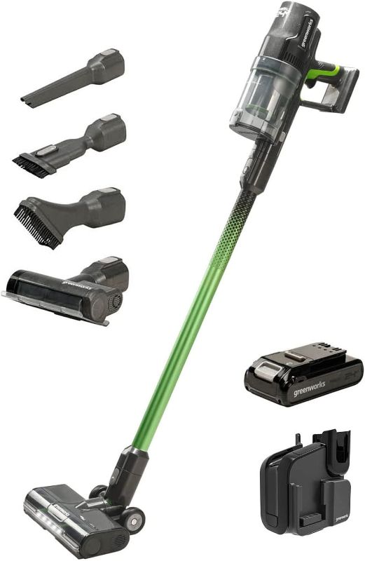 Photo 1 of Greenworks 24V Brushless Cordless Stick Vacuum, Lightweight, Handheld, Pet, Anti-Allergen HEPA Filtration, Hard Floor, Carpet, Car, 4Ah Battery, and 30-Minute Charge Time (Green)
