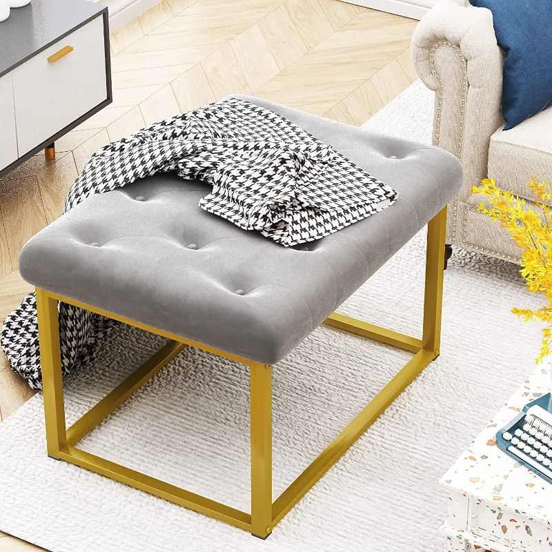 Photo 1 of AWQM Vanity Stool,Grey Velvet Ottoman Bench,Vanity Bench with Gold Legs,Upholstered Rectangle Velvet Foot Stool Chair,Comfy Vanity Chair, End of Bed Bedroom ,Makeup Chair for Living Room Entryway
