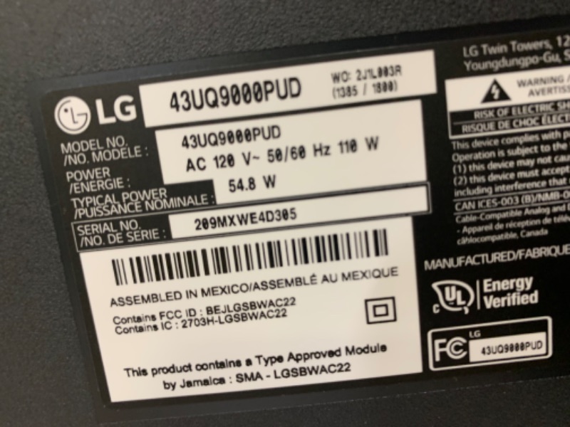 Photo 4 of LG 43-Inch Class UQ9000 Series Alexa Built-in 4K Smart TV (3840 x 2160),Bluetooth, Wi-Fi, USB, Ethernet, HDMI 60Hz Refresh Rate, AI-Powered 4K, Cloud Gaming (43UQ9000PUD, 2022), Box Packaging Damaged, Minor Use, Item turns on

