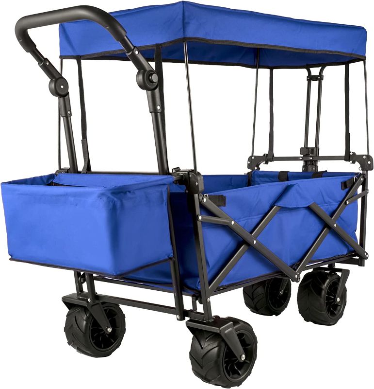 Photo 1 of Happbuy Extra Large Collapsible Garden Cart with Removable Canopy, Folding Wagon Utility Carts with Wheels and Rear Storage, Wagon Cart for Garden, Camping, Grocery Cart, Shopping Cart, Blue
