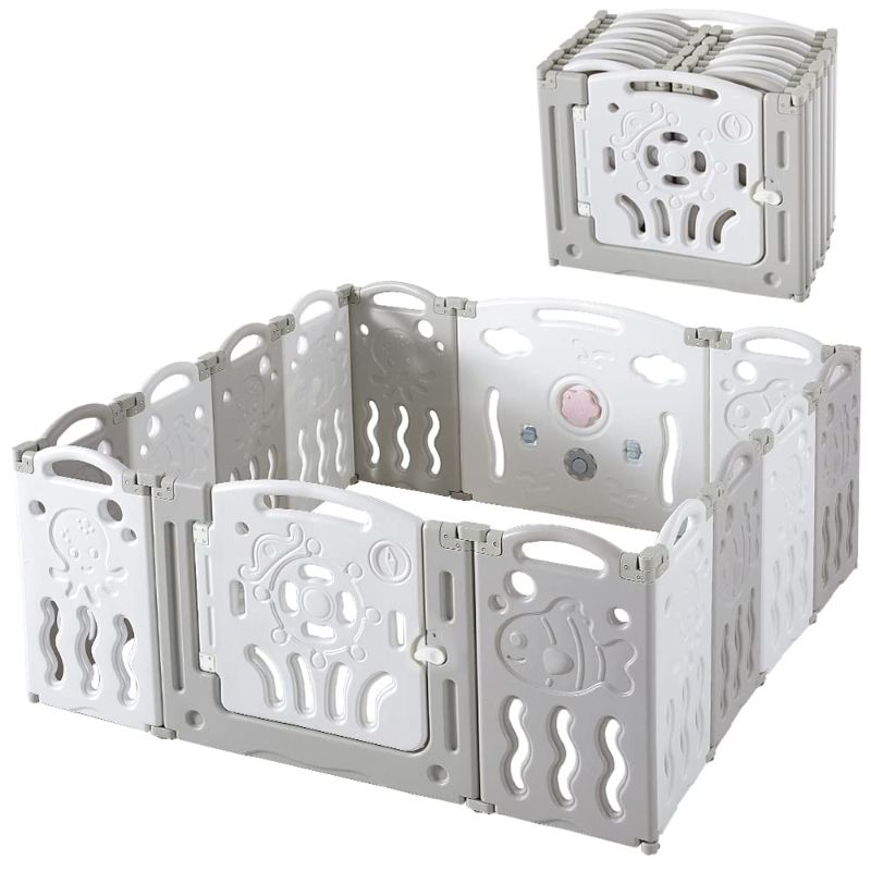 Photo 1 of Albott Baby Playpen 14 Panels Folding Kids Safety Play Center Yard, Game Panel and Gate with Safety Lock, Adjustable Shape for Children Toddlers Indoors or Outdoor
