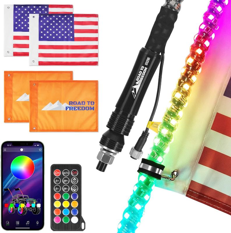 Photo 1 of 2PCS 4FT Whip Lights Highlight Spiral RGB,300 Flash Patterns,Bluetooth Remote Control,with Road to Freedom Flag for Can-Am ATV UTV RZR Polaris Dune Buggy Offroad Truck Accessories
