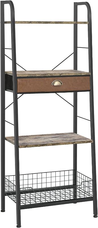 Photo 1 of 4 Tier Ladder Bookshelf with Drawer, Industrial Freestanding Ladder Shelves Bookcase with Storage, 4 Layer Rack Home Storage Rack Shelves for Living Room Bathroom Office Balcony
