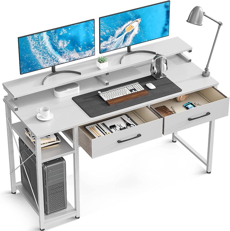 Photo 1 of ODK Computer Desk with Drawers and Storage Shelves, 47 inch Home Office Desk with Monitor Stand, Work Study PC Desk for Small Spaces, White
