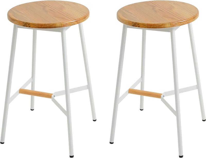 Photo 1 of Aodrova Bar Stools, Modern Counter Height Stools Set of 2 for Kitchen, Backless Sturdy Frame Wood Bar Chairs, Metal Island Stools for Pub Dining Room (White, 24in)
