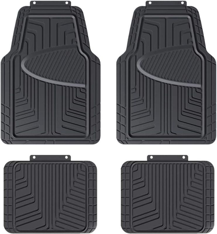 Photo 1 of Amazon Basics 4-Piece Premium Rubber Floor Mat for Cars, SUVs and Trucks, All Weather Protection, Universal Trim to Fit, Black
