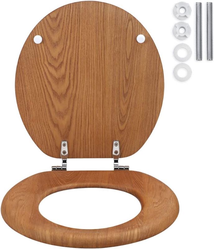 Photo 1 of Wood Toilet Seat Round with Zinc Alloy Metal Hinges, Wooden Toilet Seat for American Standard Size Toilet Seats, Easy to Install, Wood
