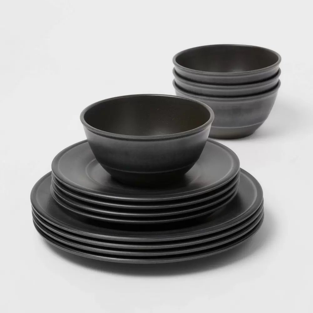 Photo 1 of 12pc Melamine Lancashire Dinnerware Set Dark Gray - Threshold
