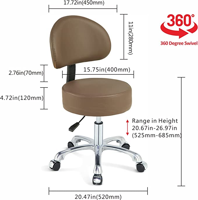 Photo 2 of Swivel Rolling Stool Round Chair with Back,Thick Sturdy Padding,Adjustable Stool with Wheels with Back for Doctor,Massage Salon,Office,Home(Brown)