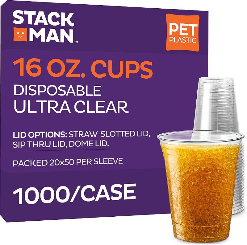 Photo 1 of [1000 Pack - 16 oz.] Ultra-Clear PET Disposable Plastic Cups - Party Drinking Cups - (Case of 20x50) Great Use for Cold Coffee, Shakes, Smoothies, Juices, Beer, Iced Tea - By Stack Man
