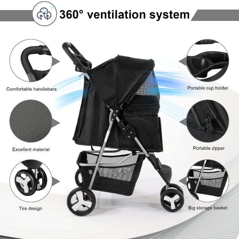 Photo 1 of  Wedyvko Pet Stroller, 3 Wheel Foldable Cat Dog Stroller with Storage Basket and Cup Holder for Small Cats, Dogs, Puppy (Black)
