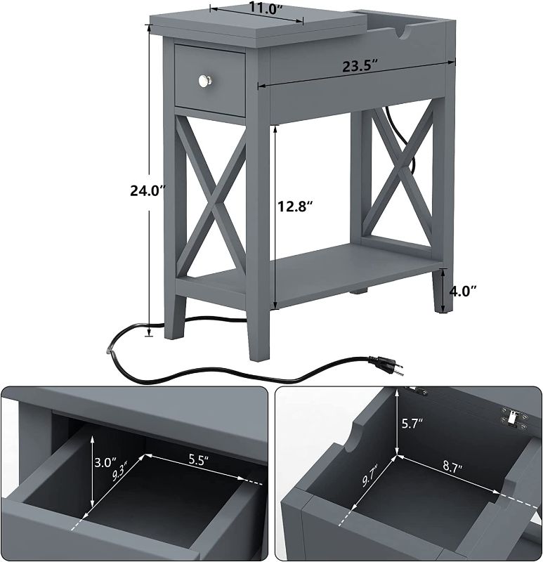 Photo 2 of  ChooChoo End Table with Flip Top and Charging Station, Narrow Side Table with Storage Cabinet and USB, Skinny Sofa Table with Power Outlet for Living Room...
