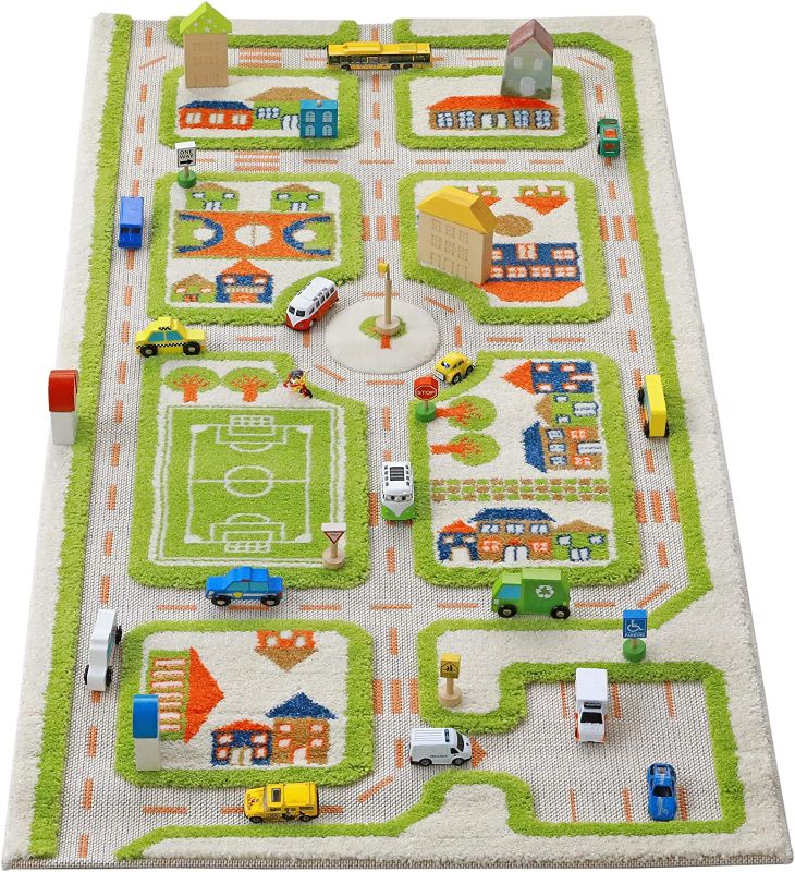 Photo 1 of IVI Thick 3D Childrens Play Mat & Rug in A Colorful Town Design with 3 Dimensional Football Pitch, Car Park & Roads, 59 x 32 inches (Green)
